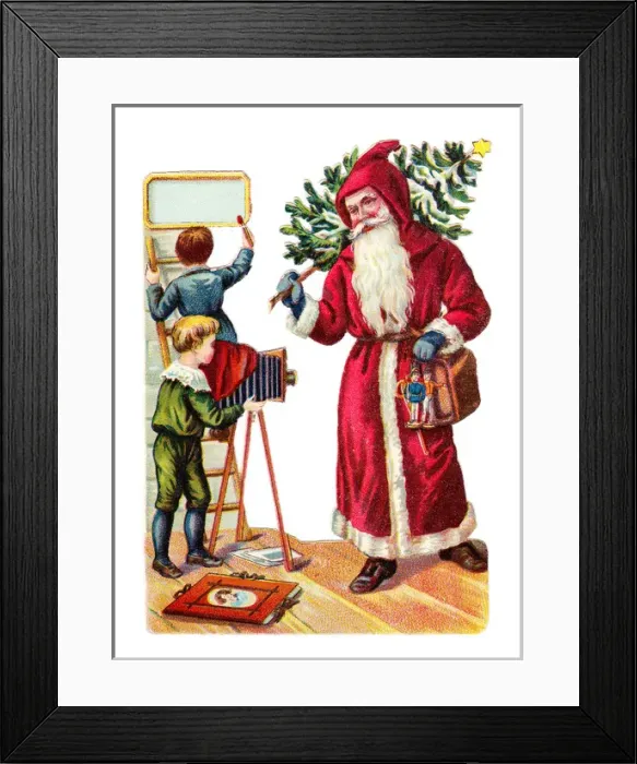 Framed Print : Father Christmas with two boys on a Victorian scrap Framed Print : Father Christmas with two boys on a Victorian scrap
