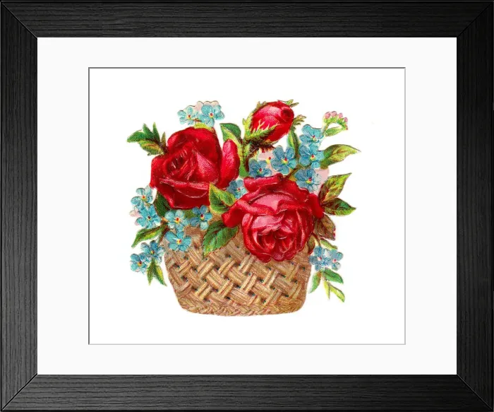 Framed Print : Basket of roses and forgetmenots on a Victorian scrap Framed Print : Basket of roses and forgetmenots on a Victorian scrap