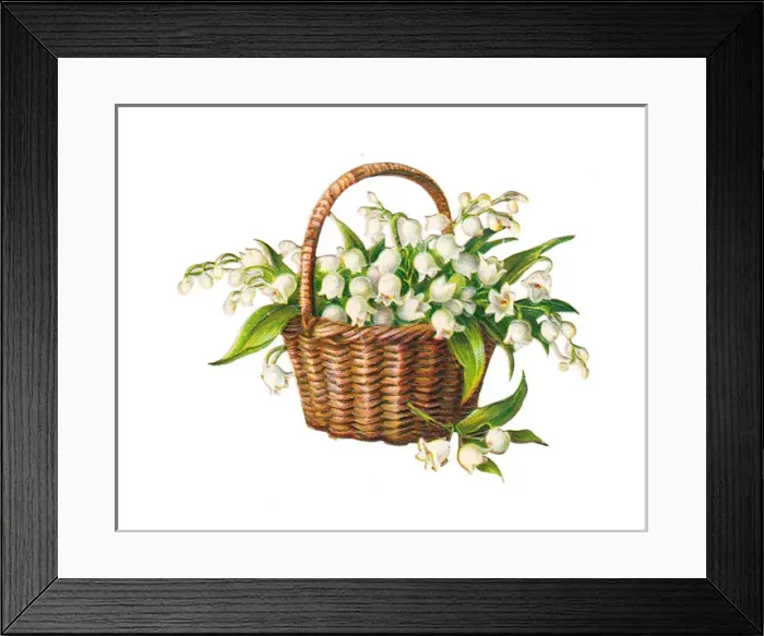 Framed Print : Basket of lilies of the valley on a Victorian scrap Framed Print : Basket of lilies of the valley on a Victorian scrap