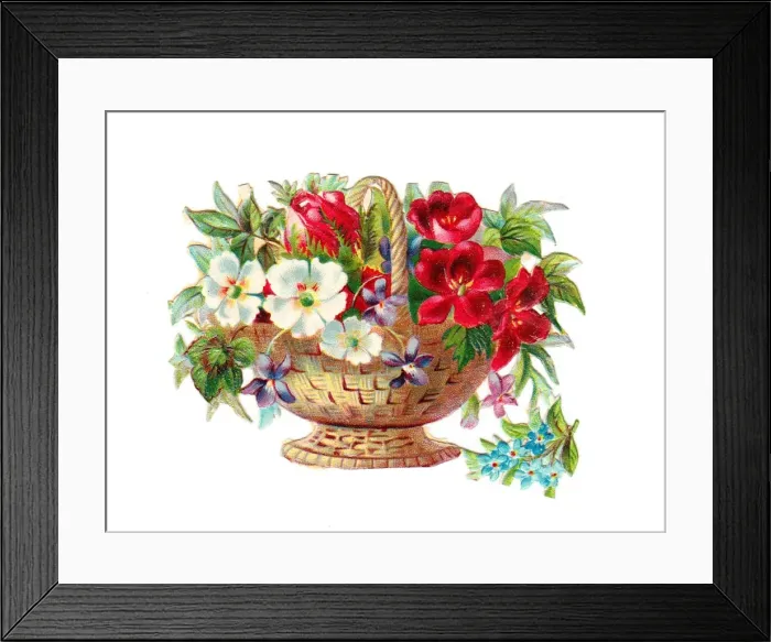Framed Print : Basket of assorted flowers on a Victorian scrap Framed Print : Basket of assorted flowers on a Victorian scrap