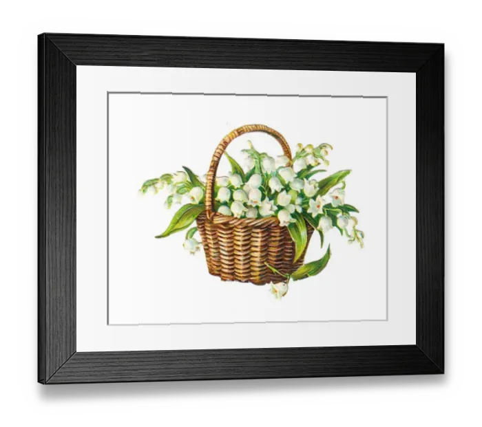 Framed Print : Basket of lilies of the valley on a Victorian scrap Framed Print : Basket of lilies of the valley on a Victorian scrap