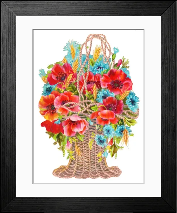 Framed Print : Basket of poppies and cornflowers on a Victorian scrap Framed Print : Basket of poppies and cornflowers on a Victorian scrap