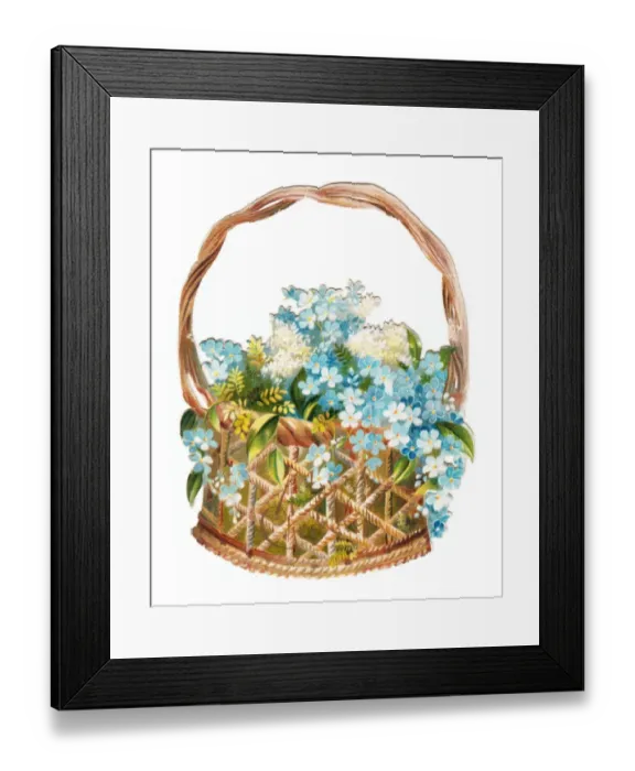 Framed Print : Basket of forgetmenots on a Victorian scrap Framed Print : Basket of forgetmenots on a Victorian scrap