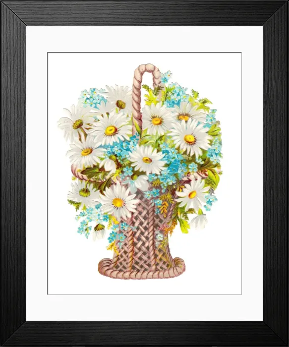 Framed Print : Basket of flowers on a Victorian scrap Framed Print : Basket of flowers on a Victorian scrap