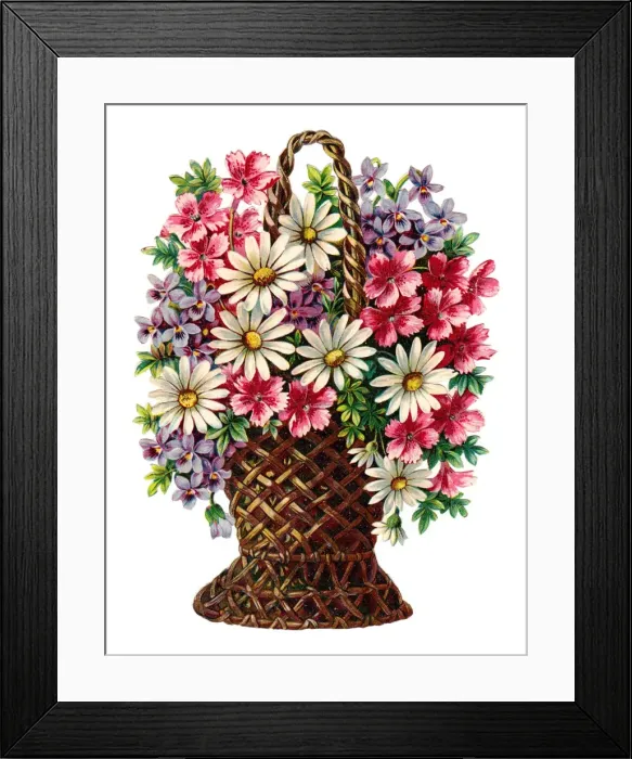 Framed Print : Basket of assorted flowers on a Victorian scrap Framed Print : Basket of assorted flowers on a Victorian scrap