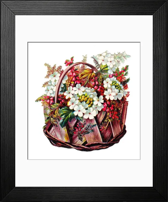 Framed Print : Basket of pink and white flowers on a Victorian scrap Framed Print : Basket of pink and white flowers on a Victorian scrap