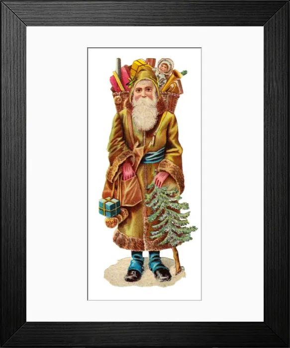 Framed Print : Father Christmas with presents on a Victorian scrap Framed Print : Father Christmas with presents on a Victorian scrap