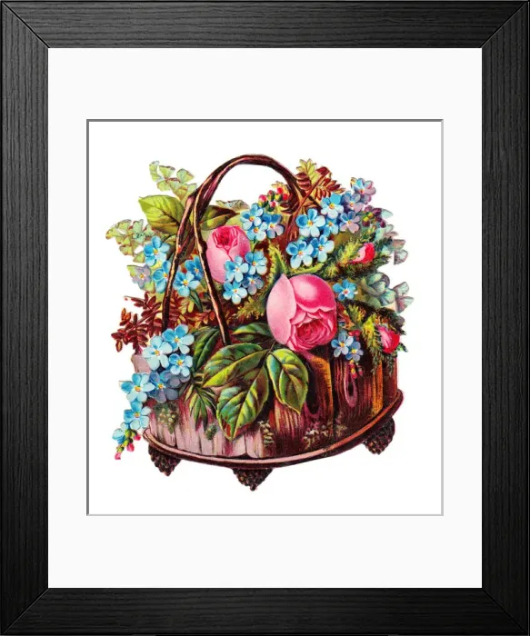 Framed Print : Basket of pink and blue flowers on a Victorian scrap Framed Print : Basket of pink and blue flowers on a Victorian scrap