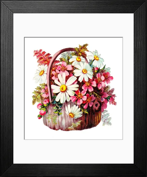 Framed Print : Basket of pink and white flowers on a Victorian scrap