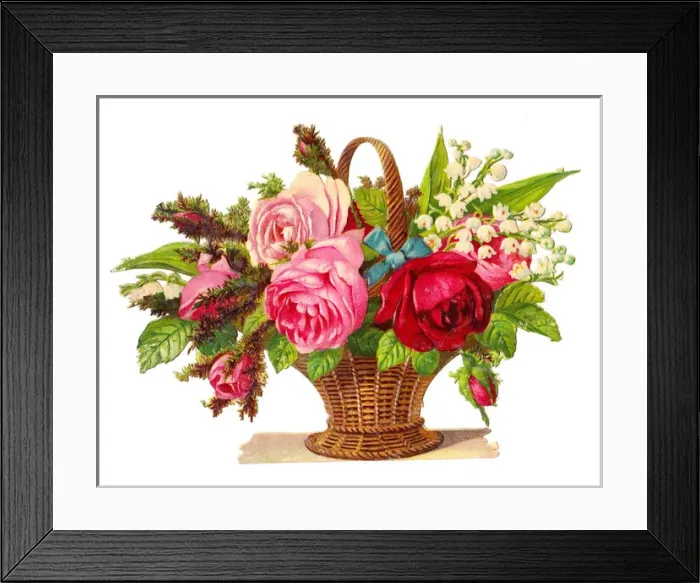 Framed Print : Basket of roses and lily of the valley on a Victorian scrap Framed Print : Basket of roses and lily of the valley on a Victorian scrap