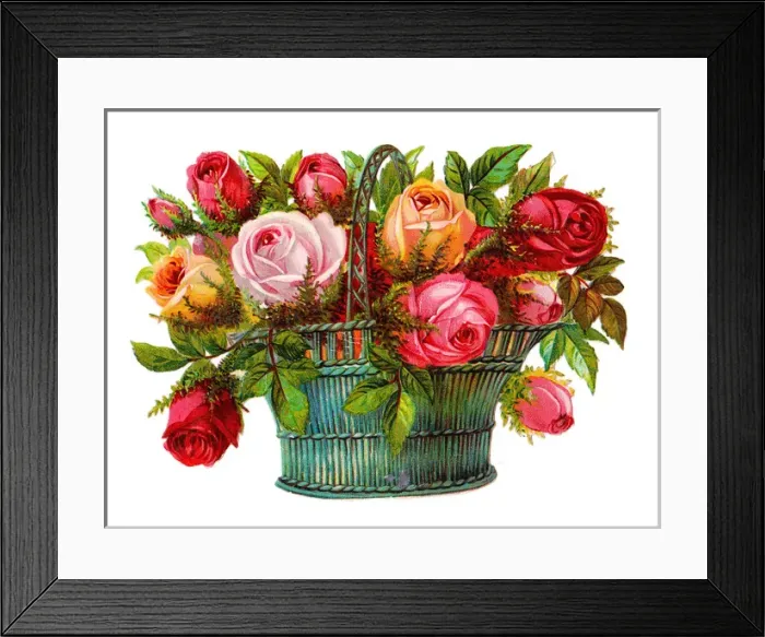 Framed Print : Basket of roses on a Victorian scrap Framed Print : Basket of roses on a Victorian scrap