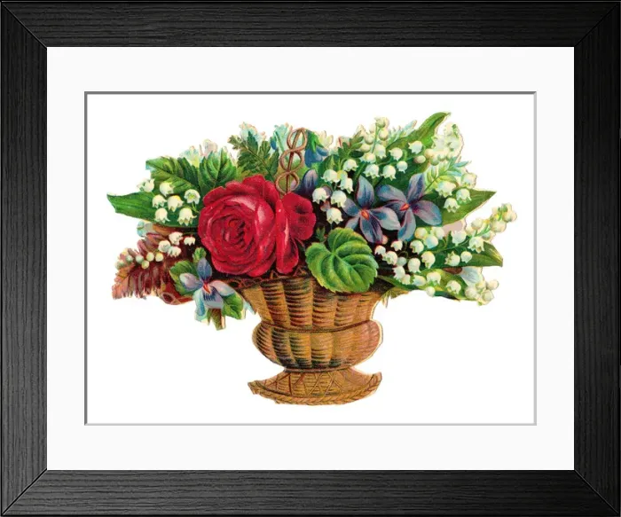 Framed Print : Basket of assorted flowers on a Victorian scrap Framed Print : Basket of assorted flowers on a Victorian scrap