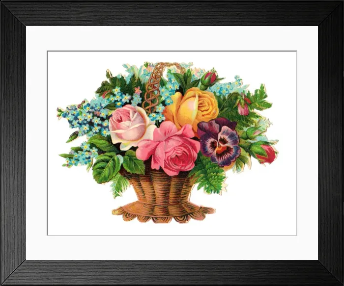 Framed Print : Basket of assorted flowers on a Victorian scrap Framed Print : Basket of assorted flowers on a Victorian scrap