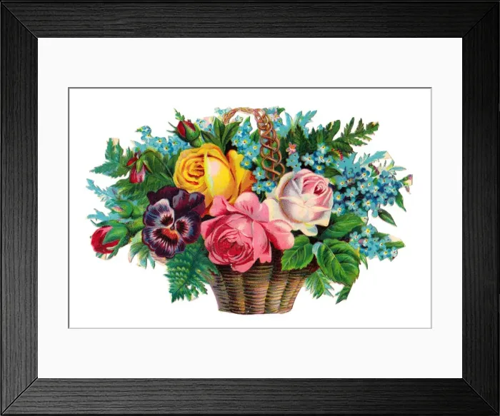 Framed Print : Basket of assorted flowers on a Victorian scrap Framed Print : Basket of assorted flowers on a Victorian scrap