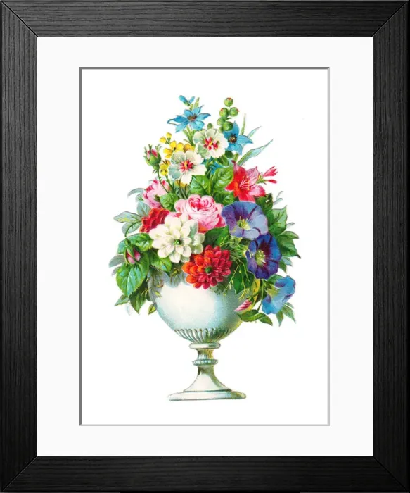 Framed Print : Vase of assorted flowers on a Victorian scrap Framed Print : Vase of assorted flowers on a Victorian scrap