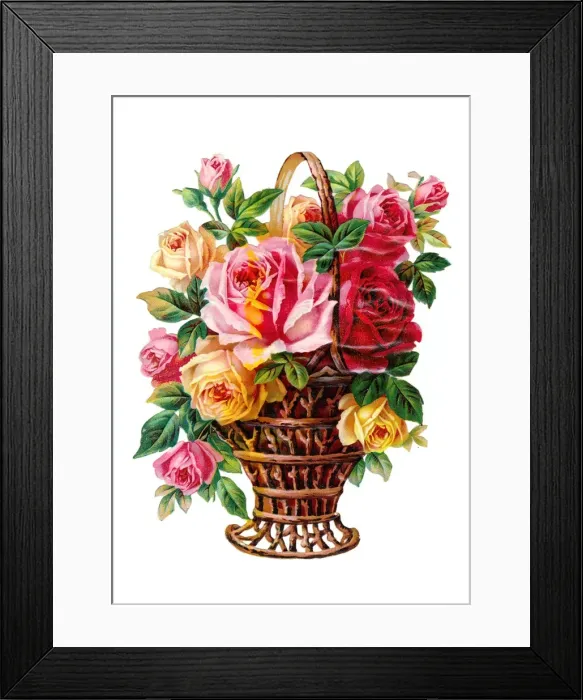 Framed Print : Basket of roses on a Victorian scrap Framed Print : Basket of roses on a Victorian scrap