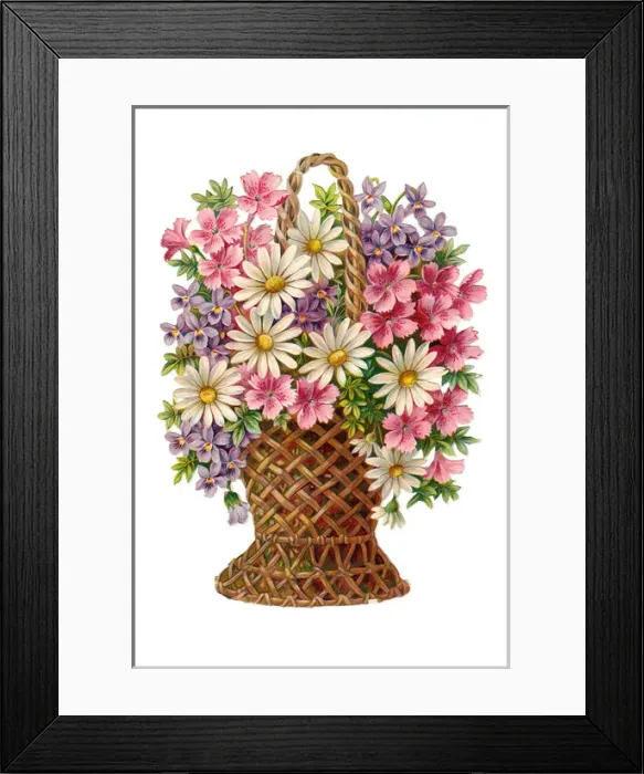 Framed Print : Basket of assorted flowers on a Victorian scrap Framed Print : Basket of assorted flowers on a Victorian scrap