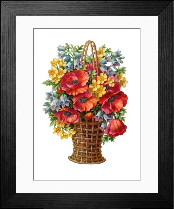 Framed Print : Basket of assorted flowers on a Victorian scrap Framed Print : Basket of assorted flowers on a Victorian scrap