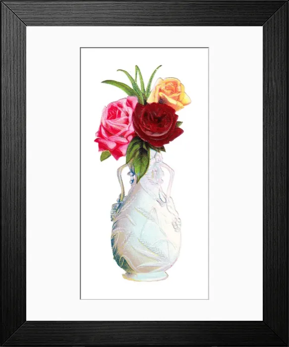 Framed Print : Vase of roses on a Victorian scrap Framed Print : Vase of roses on a Victorian scrap