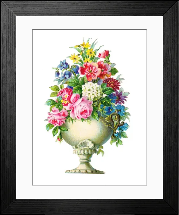 Framed Print : Vase of assorted flowers on a Victorian scrap