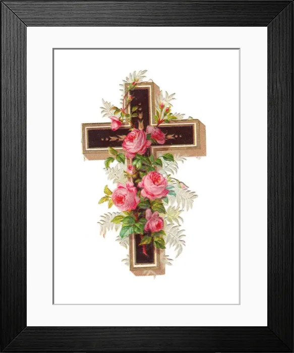 Framed Print : Cross with pink roses on a Victorian scrap Framed Print : Cross with pink roses on a Victorian scrap