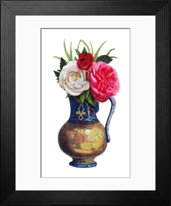 Framed Print : Vase of roses on a Victorian scrap Framed Print : Vase of roses on a Victorian scrap