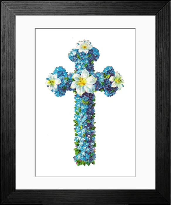 Framed Print : White and blue flowers on a Victorian scrap Framed Print : White and blue flowers on a Victorian scrap