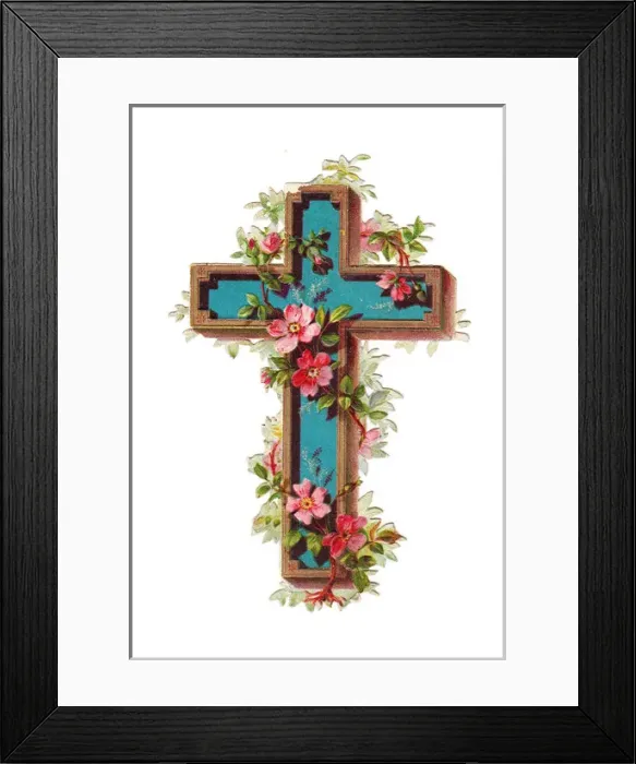 Framed Print : Cross with pink flowers on a Victorian scrap Framed Print : Cross with pink flowers on a Victorian scrap