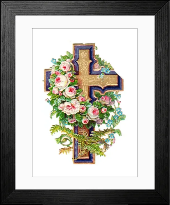 Framed Print : Cross with pink and blue flowers on a Victorian scrap Framed Print : Cross with pink and blue flowers on a Victorian scrap