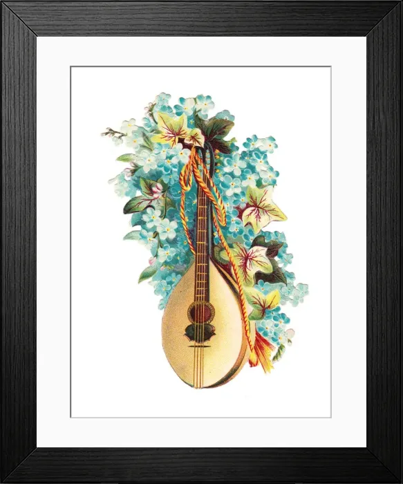 Framed Print : Mandolin with blue flowers on a Victorian scrap Framed Print : Mandolin with blue flowers on a Victorian scrap