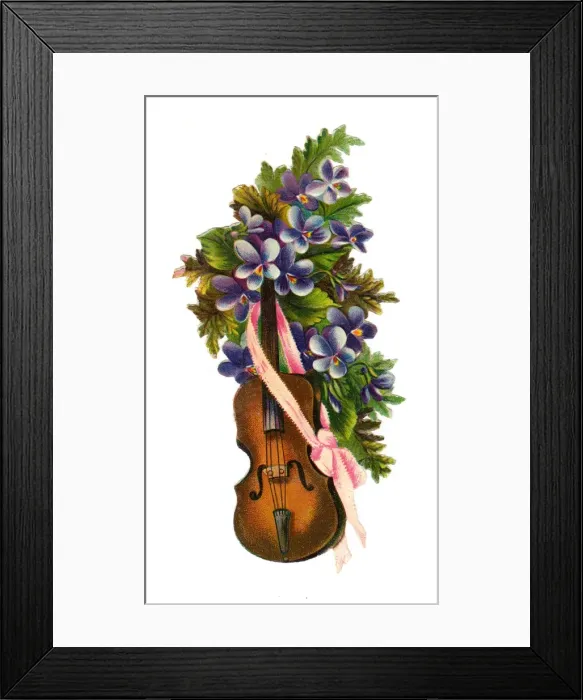 Framed Print : Violin with purple flowers on a Victorian scrap Framed Print : Violin with purple flowers on a Victorian scrap
