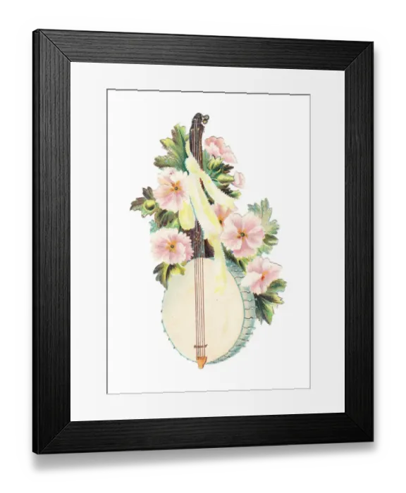 Framed Print : Banjo with pink flowers on a Victorian scrap Framed Print : Banjo with pink flowers on a Victorian scrap