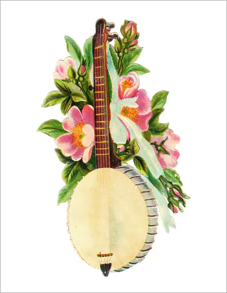 Banjo with pink flowers on a Victorian scrap