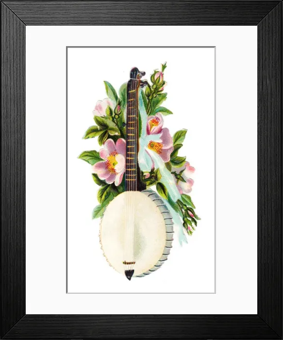 Framed Print : Banjo with pink flowers on a Victorian scrap Framed Print : Banjo with pink flowers on a Victorian scrap