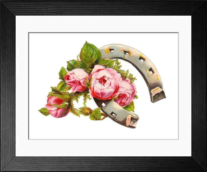 Framed Print : Horseshoe with pink roses on a Victorian scrap Framed Print : Horseshoe with pink roses on a Victorian scrap