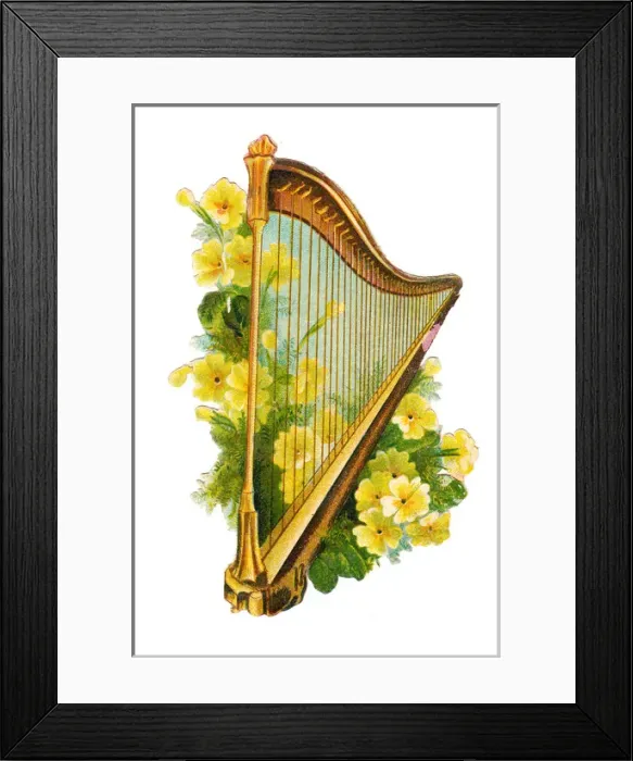 Framed Print : Harp with yellow flowers on a Victorian scrap Framed Print : Harp with yellow flowers on a Victorian scrap
