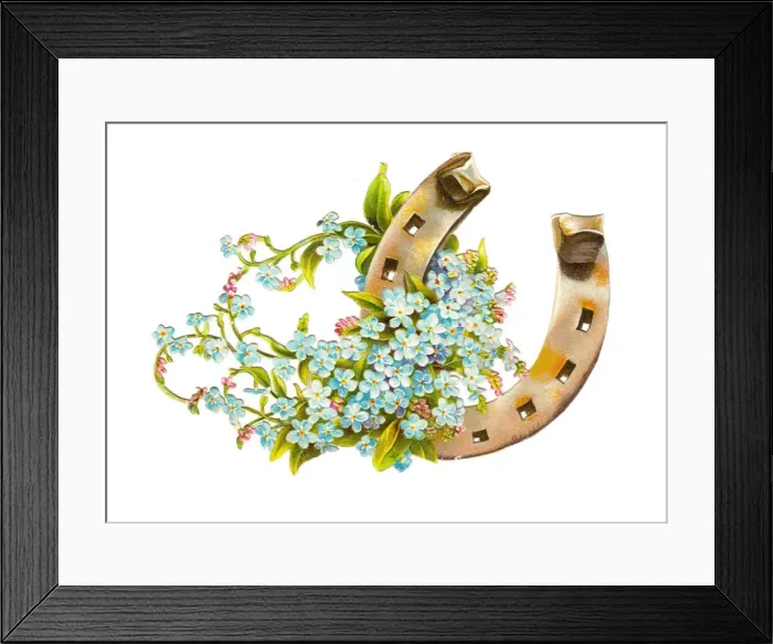 Framed Print : Horseshoe with blue flowers on a Victorian scrap Framed Print : Horseshoe with blue flowers on a Victorian scrap