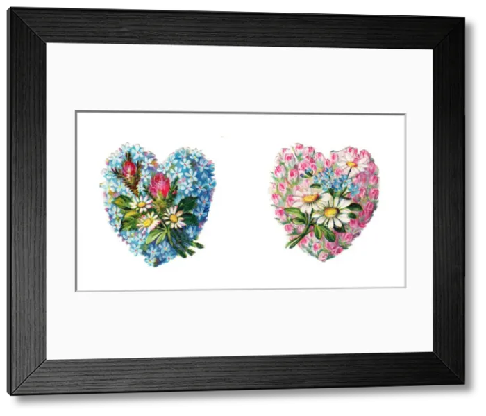 Framed Print : Heart-shaped flowers on two Victorian scraps Framed Print : Heart-shaped flowers on two Victorian scraps