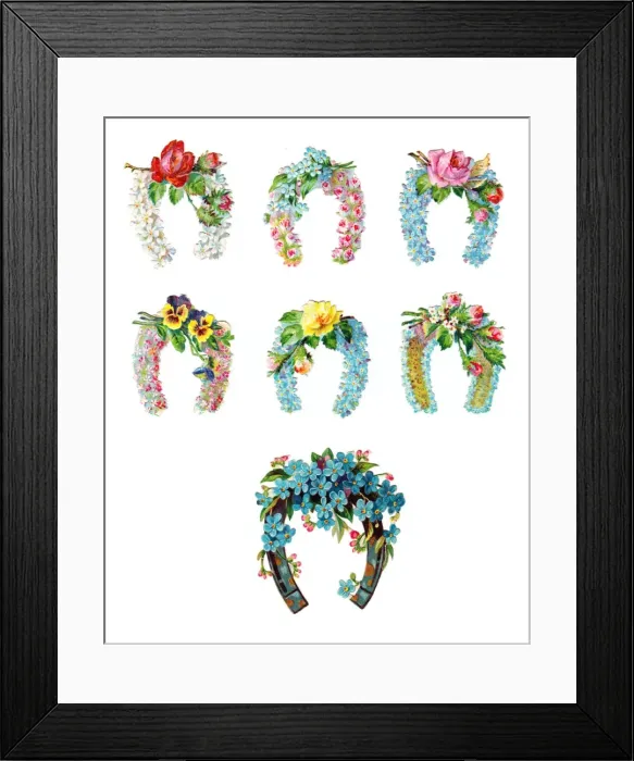 Framed Print : Horseshoes and flowers on seven Victorian scraps Framed Print : Horseshoes and flowers on seven Victorian scraps
