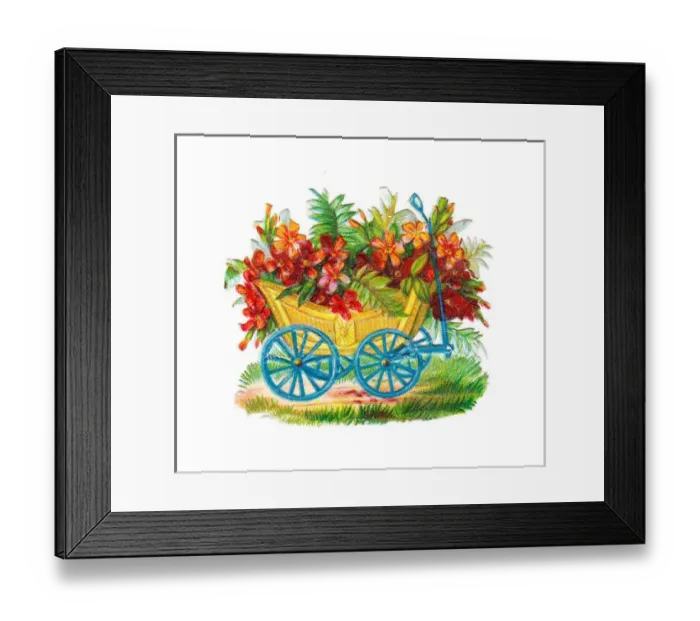 Framed Print : Cart with flowers on a Victorian scrap Framed Print : Cart with flowers on a Victorian scrap