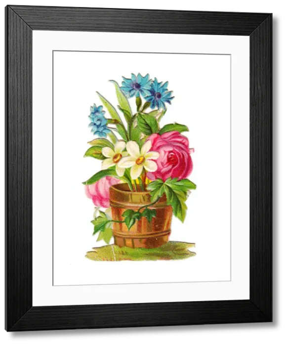 Framed Print : Tub of assorted flowers on a Victorian scrap Framed Print : Tub of assorted flowers on a Victorian scrap