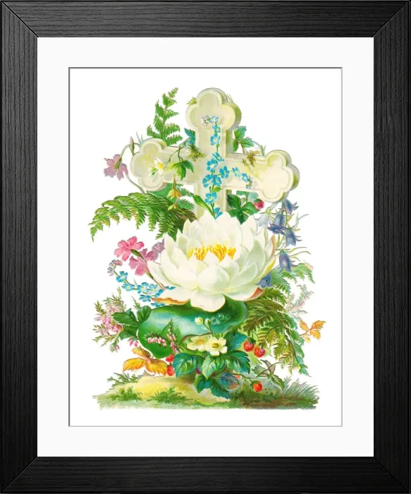 Framed Print : Cross with assorted flowers on a Victorian scrap Framed Print : Cross with assorted flowers on a Victorian scrap