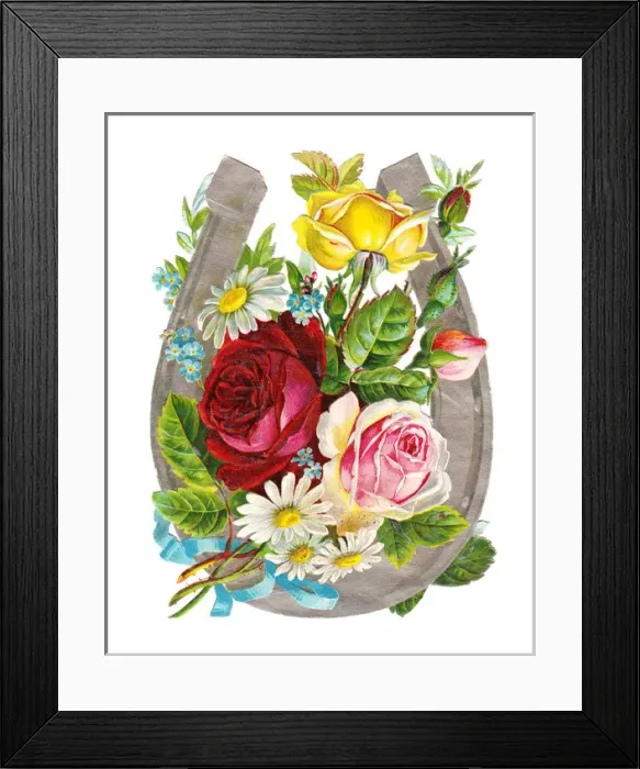 Framed Print : Horseshoe with roses and daisies on a Victorian scrap Framed Print : Horseshoe with roses and daisies on a Victorian scrap