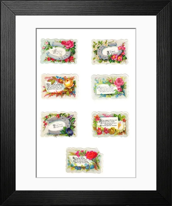 Framed Print : Flowers with greetings on seven Victorian scraps Framed Print : Flowers with greetings on seven Victorian scraps