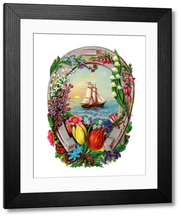 Framed Print : Horseshoe with flowers and seascape on a Victorian scrap Framed Print : Horseshoe with flowers and seascape on a Victorian scrap