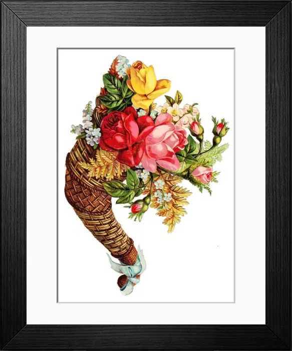 Framed Print : Wickerwork cornucopia with flowers on a Victorian scrap Framed Print : Wickerwork cornucopia with flowers on a Victorian scrap