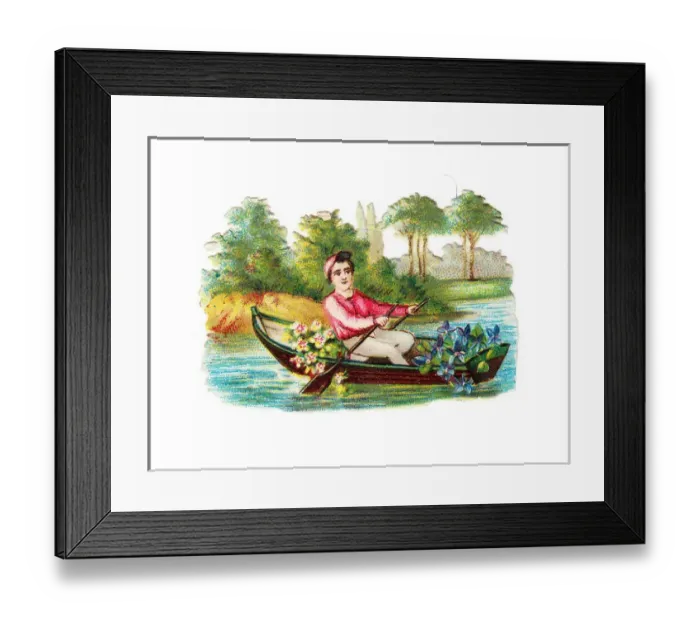 Framed Print : Man rowing boat with flowers on a Victorian scrap Framed Print : Man rowing boat with flowers on a Victorian scrap