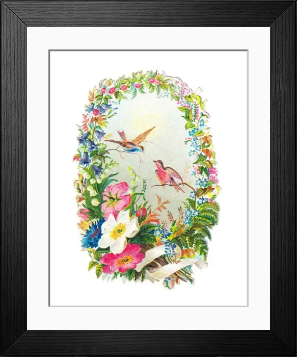Framed Print : Birds and flowers on a Victorian scrap Framed Print : Birds and flowers on a Victorian scrap