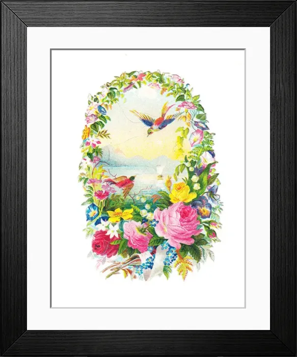 Framed Print : Birds and flowers on a Victorian scrap Framed Print : Birds and flowers on a Victorian scrap