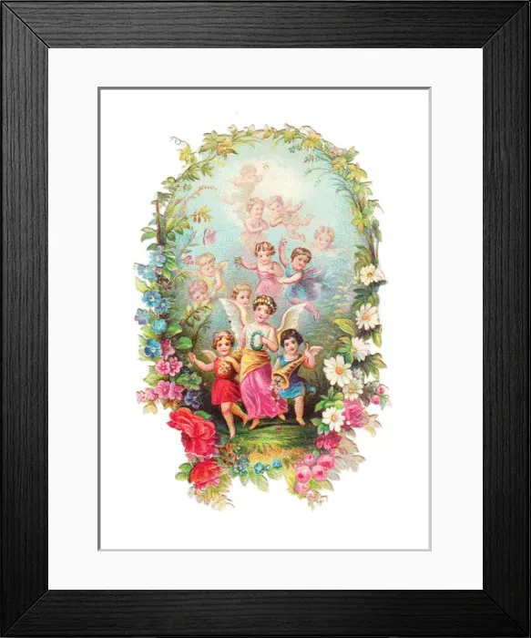 Framed Print : Cupids and flowers on a romantic Victorian scrap Framed Print : Cupids and flowers on a romantic Victorian scrap